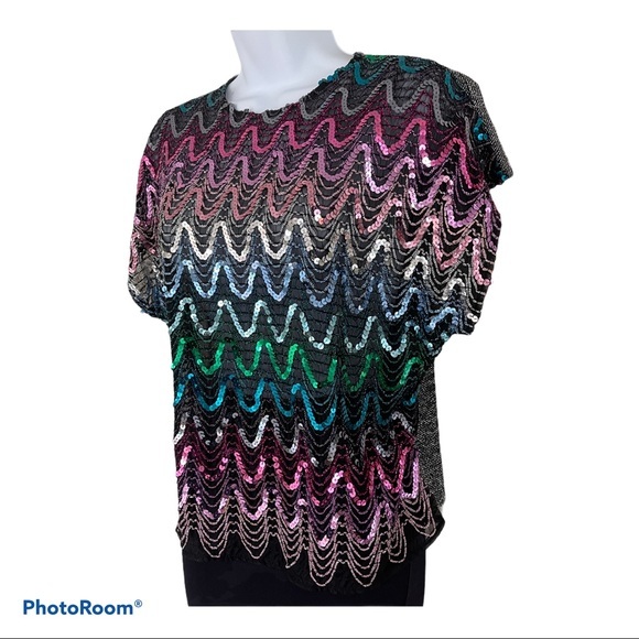 Vintage 70s sequin top disco rainbow pride lurex L - Picture 4 of 5